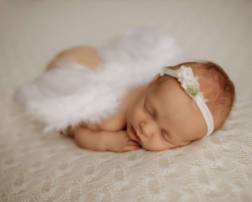 newborn posed on belly on white backdrop with angel wings on her back